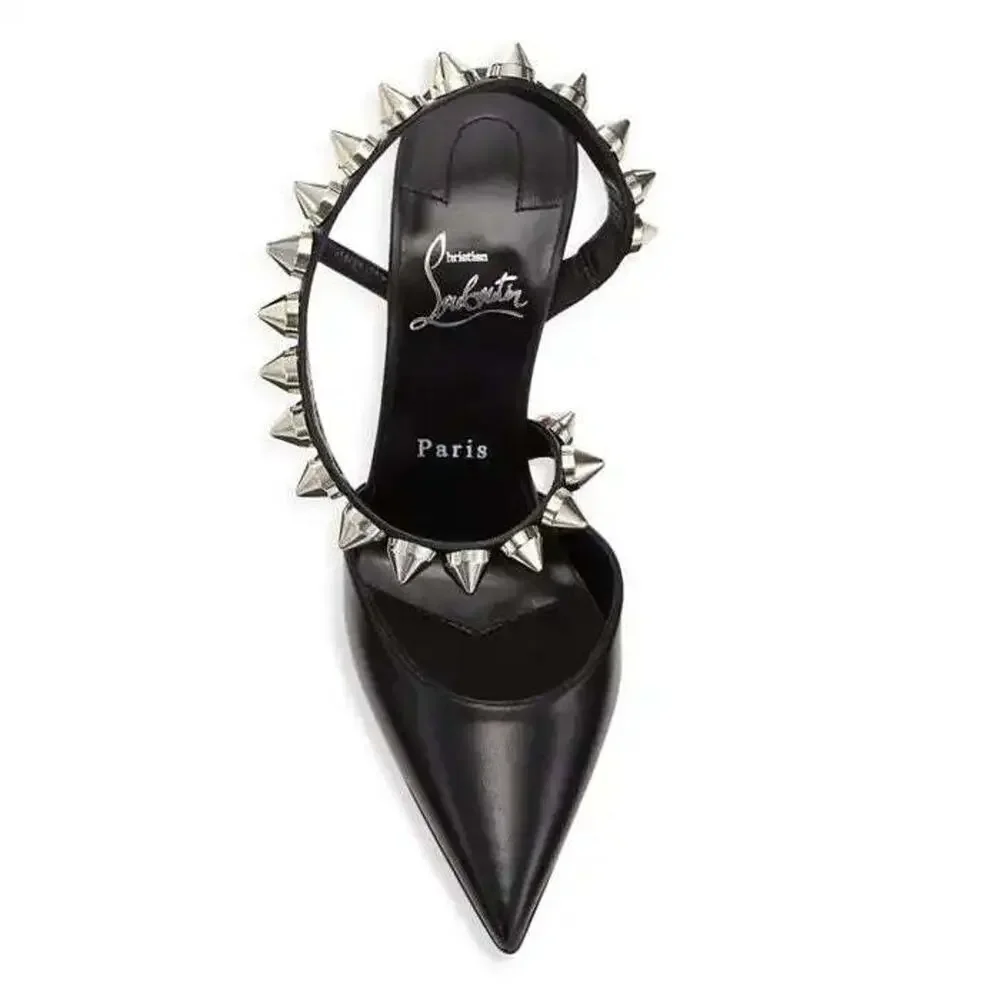 Christian Louboutin Spikita Pump 100 Black Silver Spike Strappy Sandal Heel 39 - Picture 6 of 12